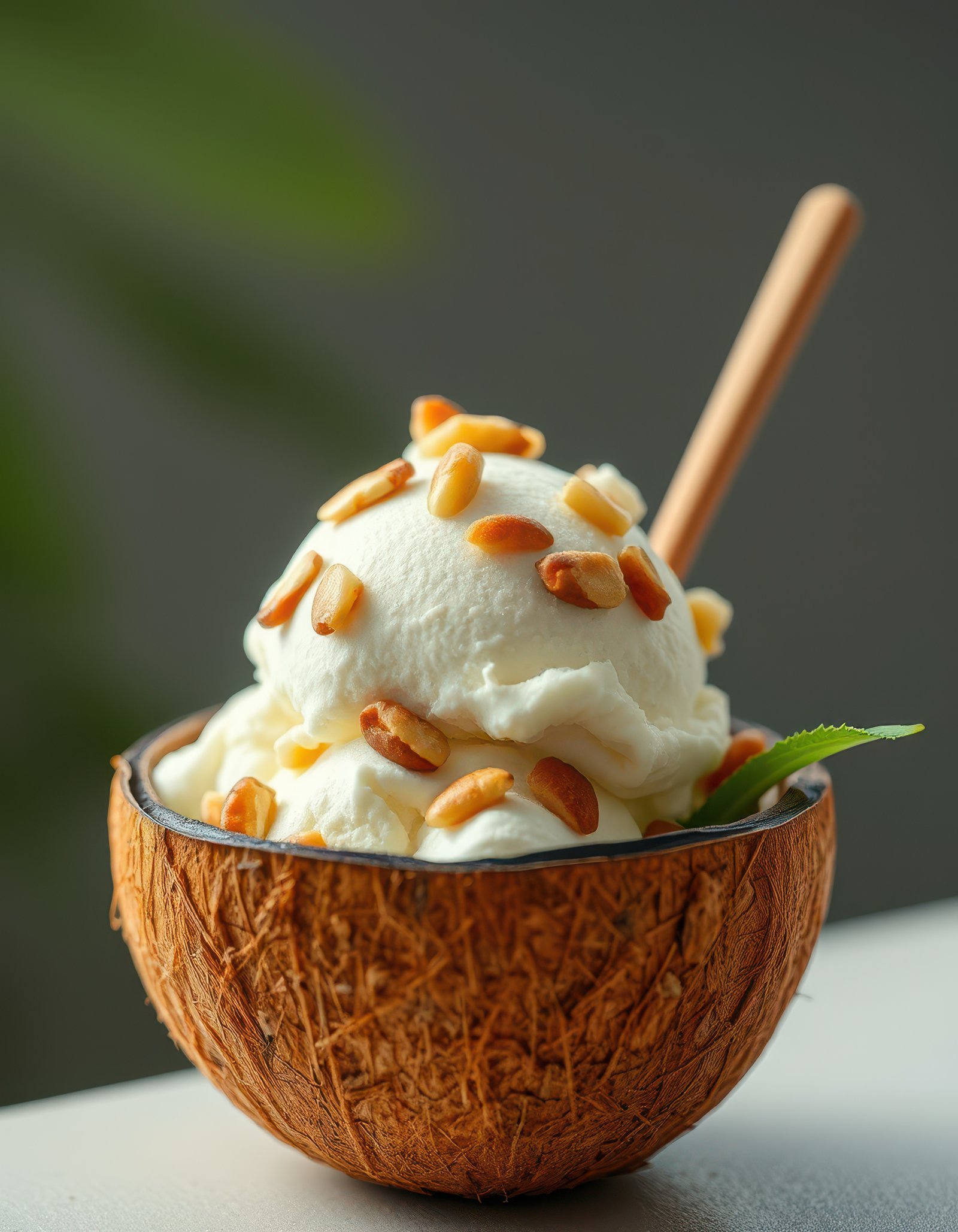 Delicious coconut bowl filled with creamy ice cream topped with crunchy pine nuts placed on a simple countertop